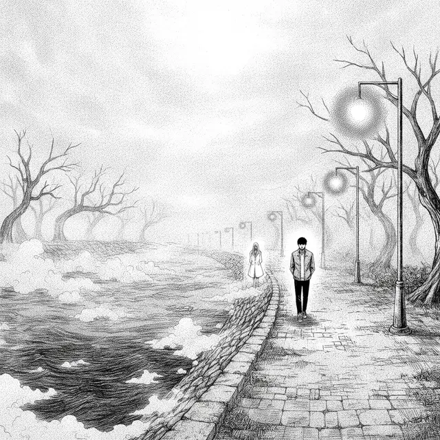 The Yellow-Green Raincoat on the Fog Road